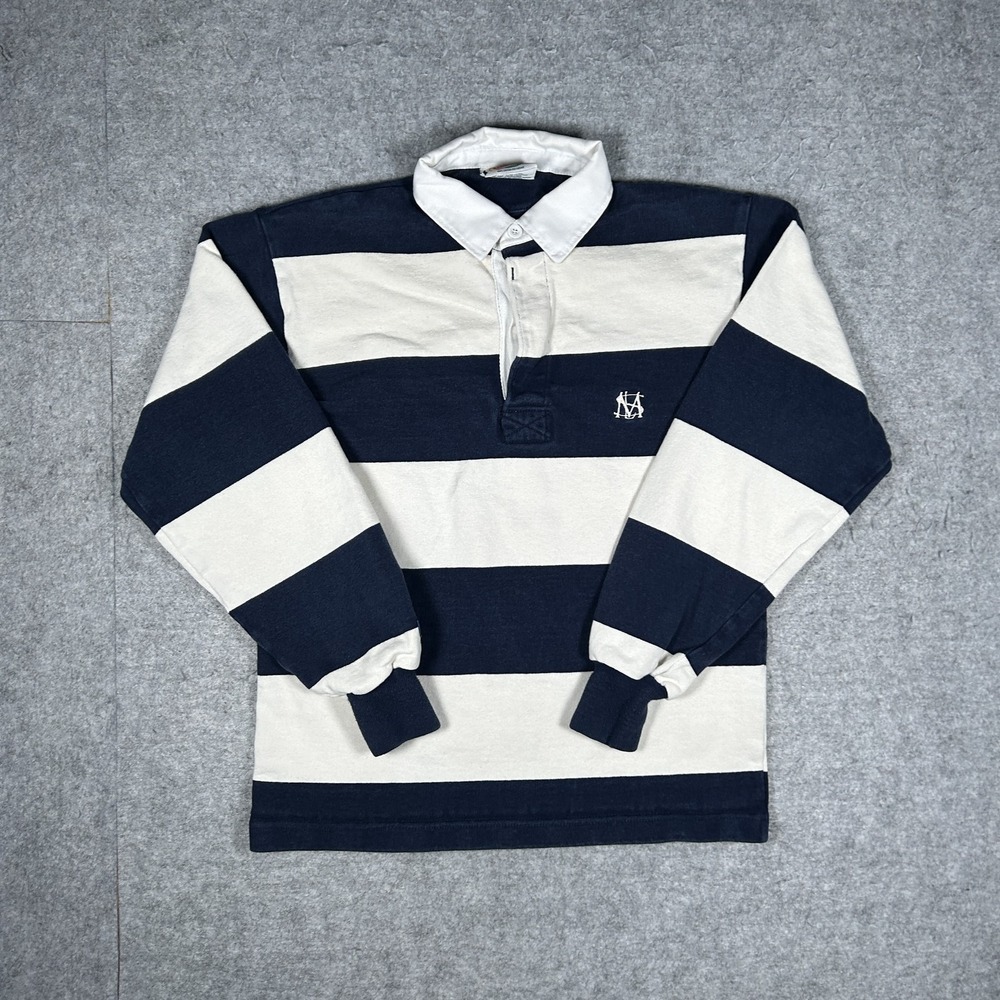 Vintage Barbarian Polo Shirt Unisex XS Navy And White Striped 90s Rugby Sleeve